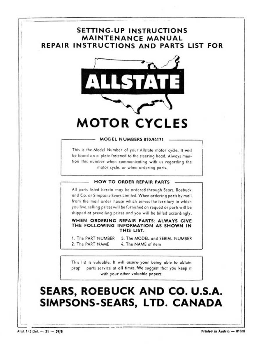 Allstate De Luxe Setting-Up, Maintenance, Repair and Parts List Manual