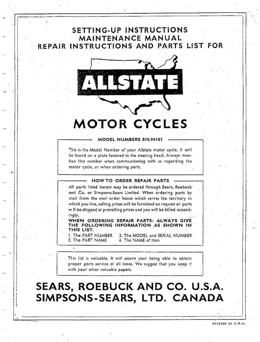 Allstate 250 Setting-Up, Maintenance, Repair and Parts List Manual