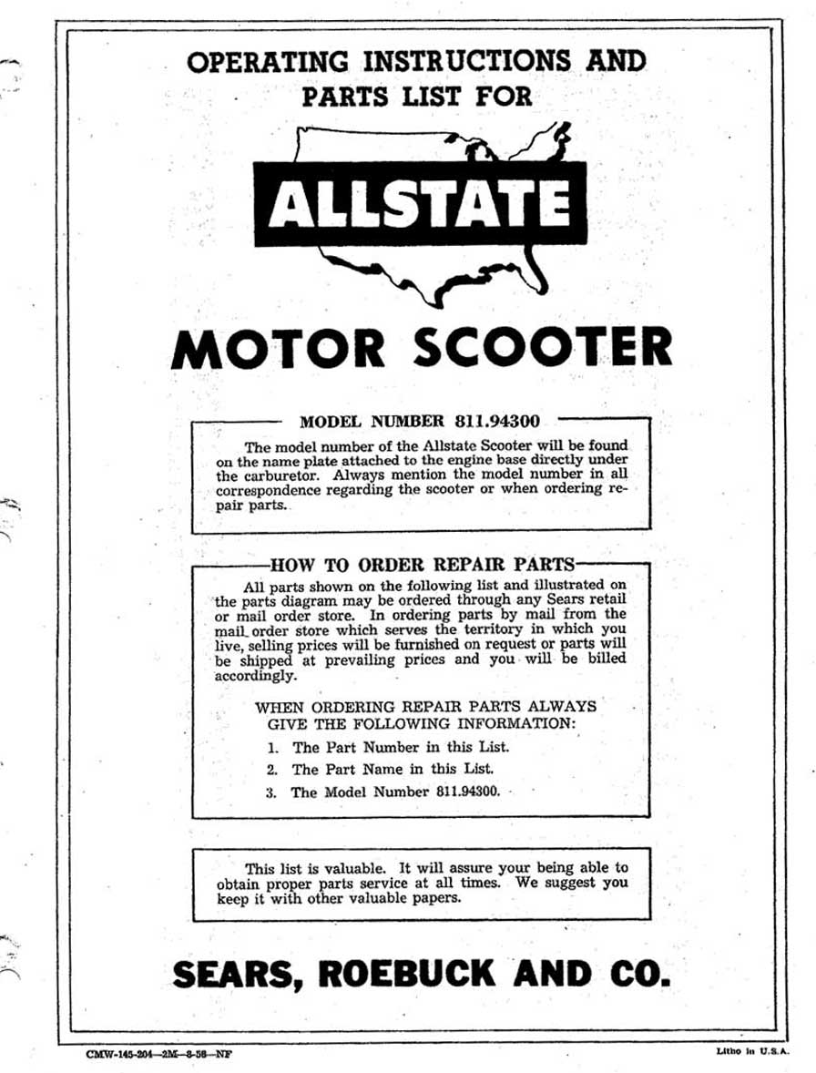 Allstate Cushman Operating Instructions and Parts List Manual