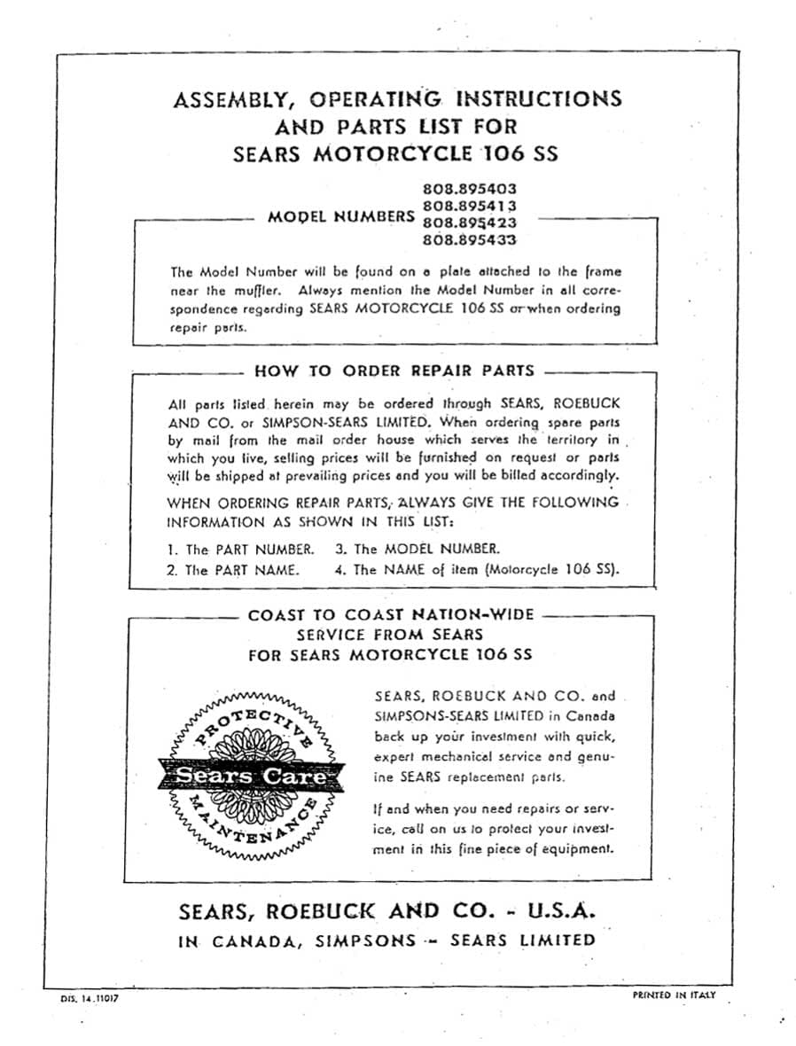 Sears 106SS Assembly, Operating Instructions and Parts List Manual