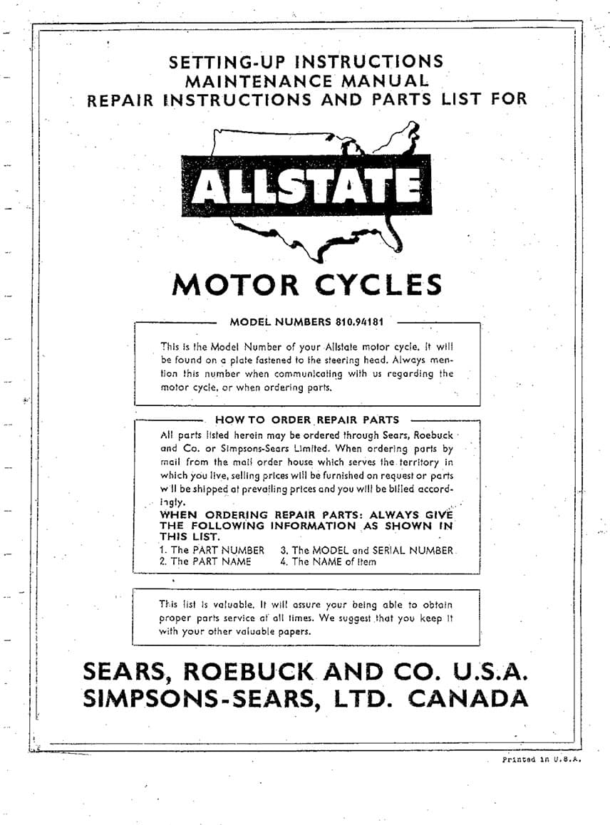 Allstate 250 SettingUp, Maintenance, Repair and Parts List Manual