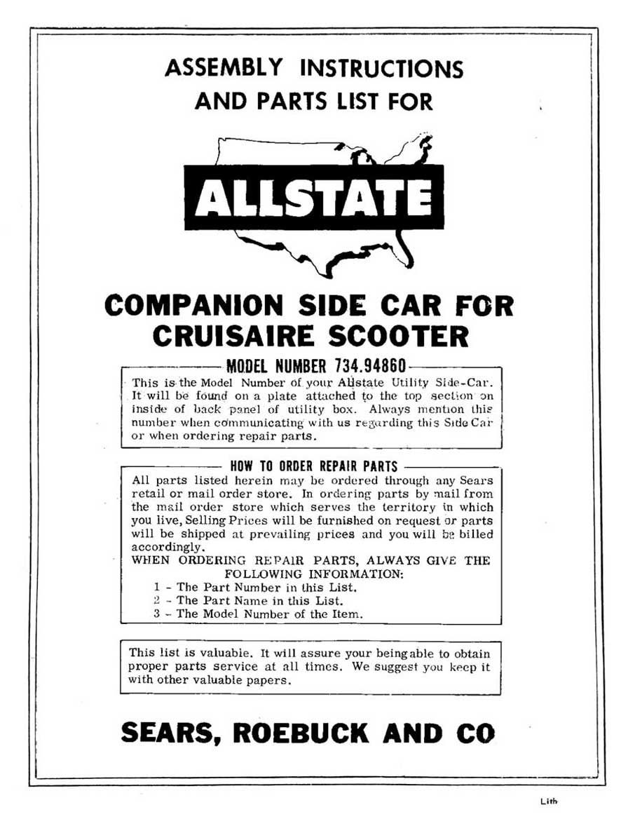 Allstate Cruisaire Sidecar Assembly Instructions and Parts List Manual