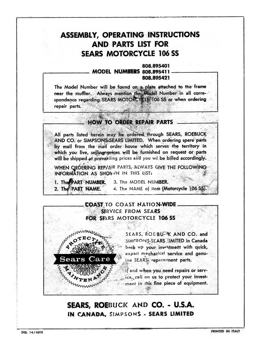 Sears 106SS Assembly, Operating Instructions and Parts List Manual