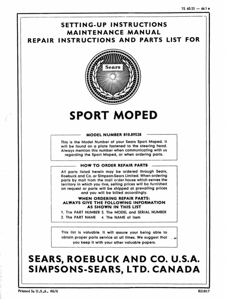Sears Cheyenne Setting-Up, Maintenance, Repair and Parts List Manual