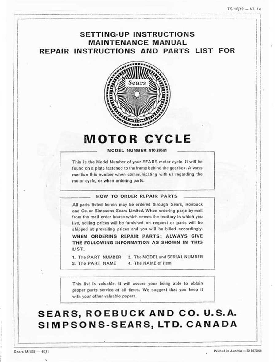Sears SR125 Setting-Up, Maintenance, Repair and Parts List Manual