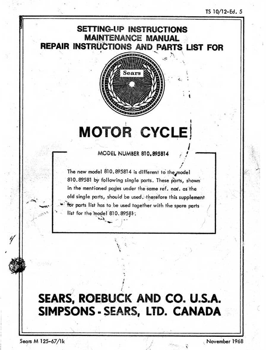 Sears SR125 Setting-Up, Maintenance, Repair and Parts List Manual