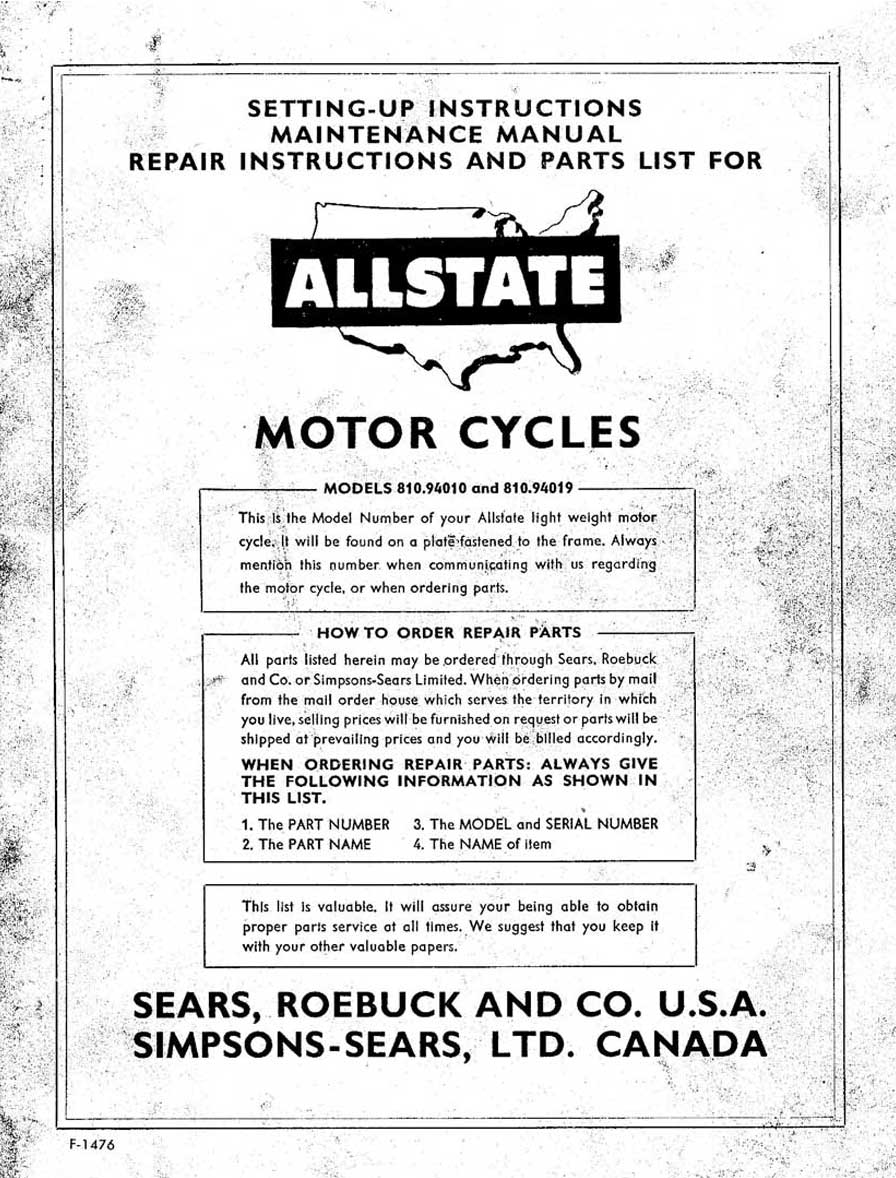 Allstate Mo-Ped Setting-Up, Maintenance, Repair and Parts List Manual