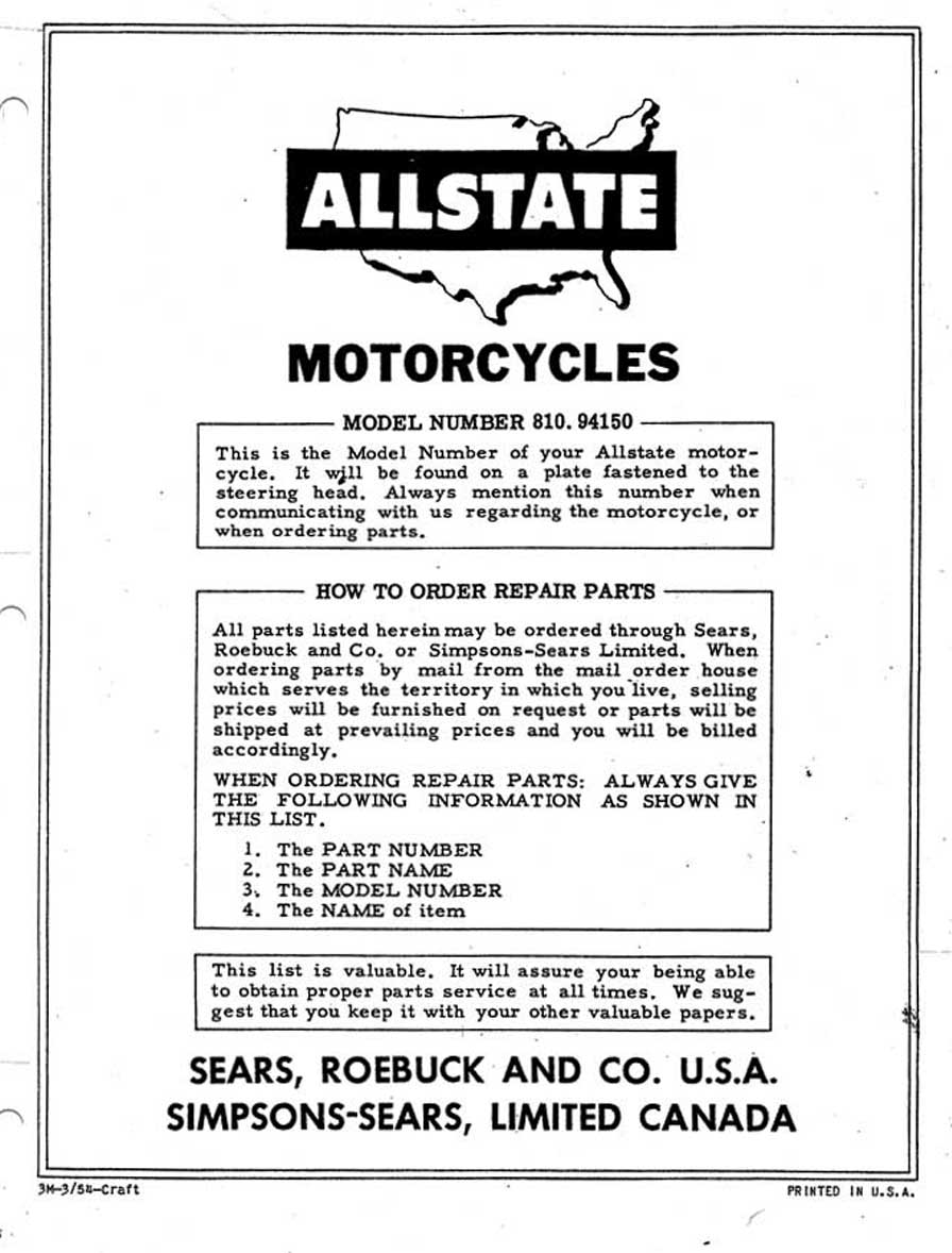 Allstate 125 Setting-Up, Maintenance, Repair and Parts List Manual