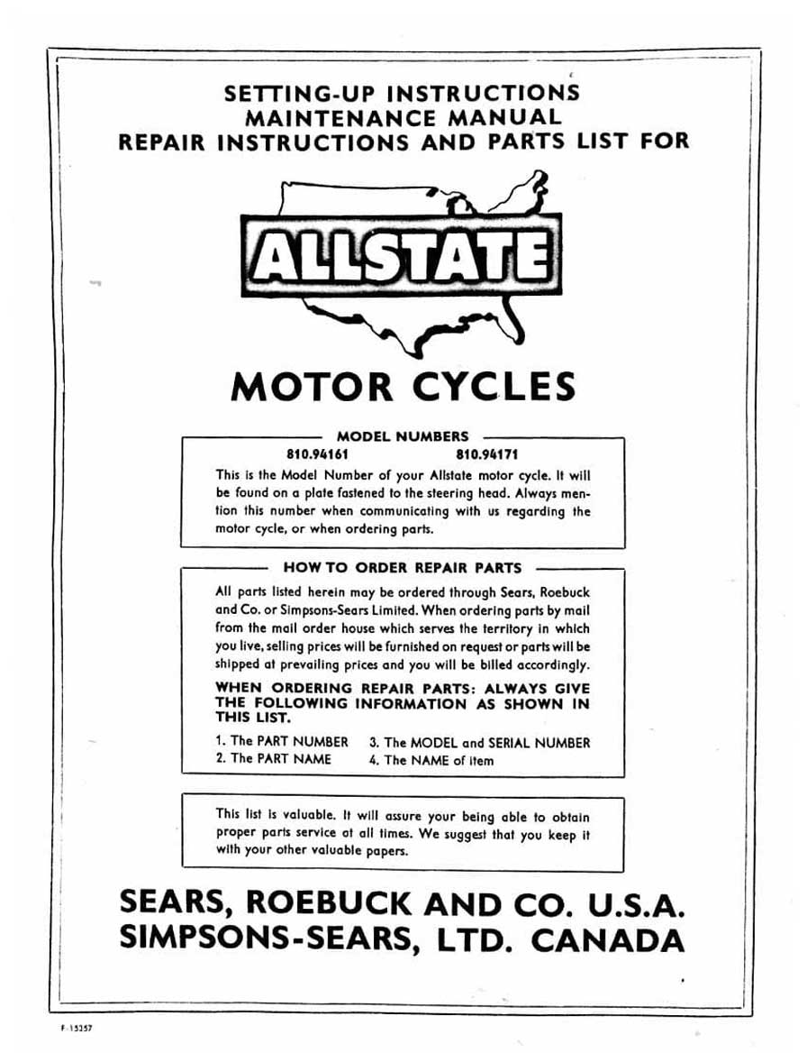 Allstate 175 Setting-Up, Maintenance, Repair and Parts List Manual