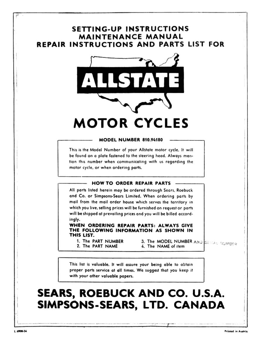 Allstate 250 Setting-Up, Maintenance, Repair and Parts List Manual