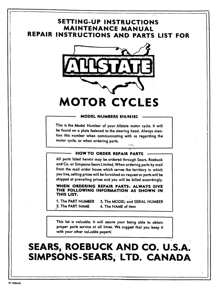 Allstate 250 Setting-Up, Maintenance, Repair and Parts List Manual