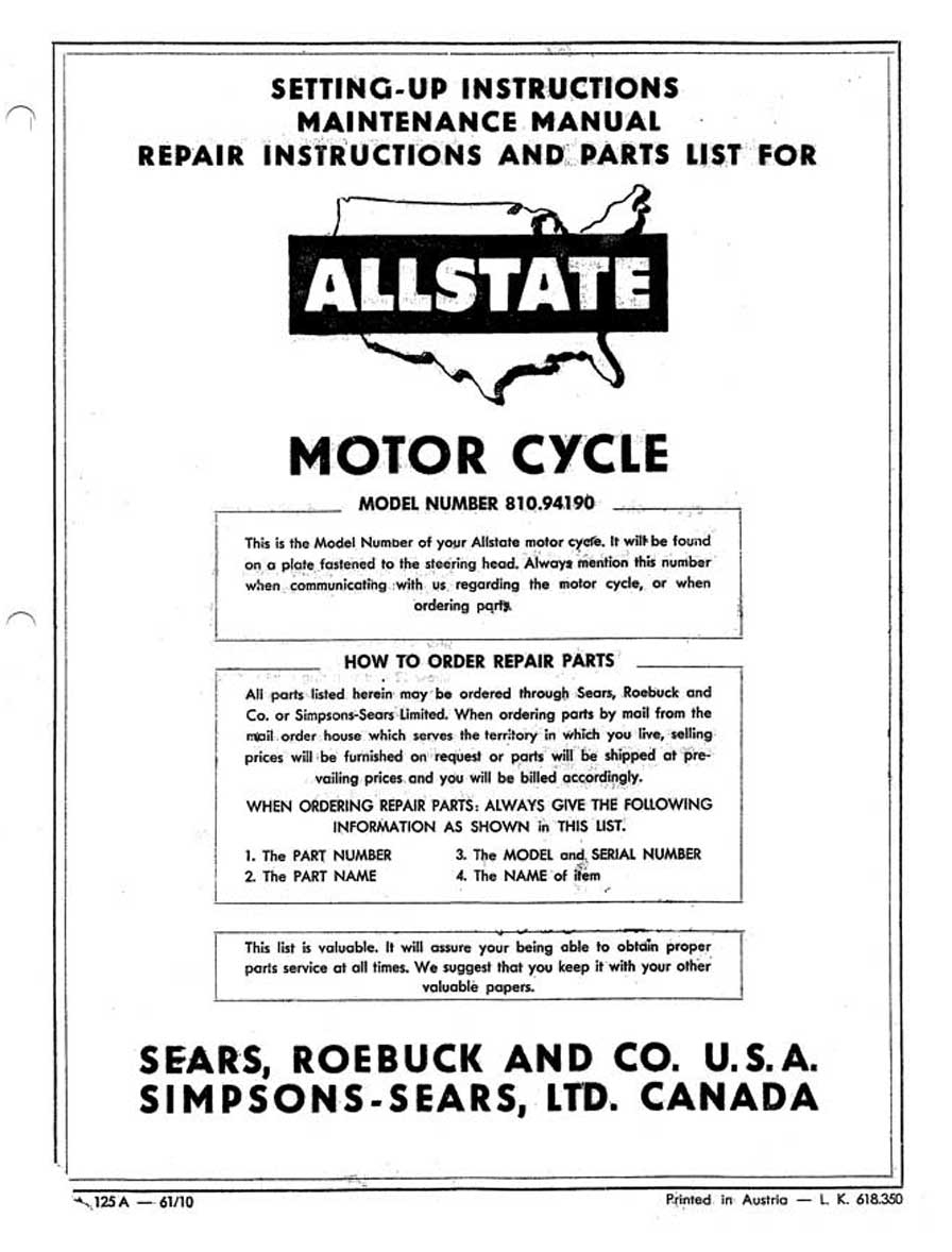 Allstate 125 Setting-Up, Maintenance, Repair and Parts List Manual