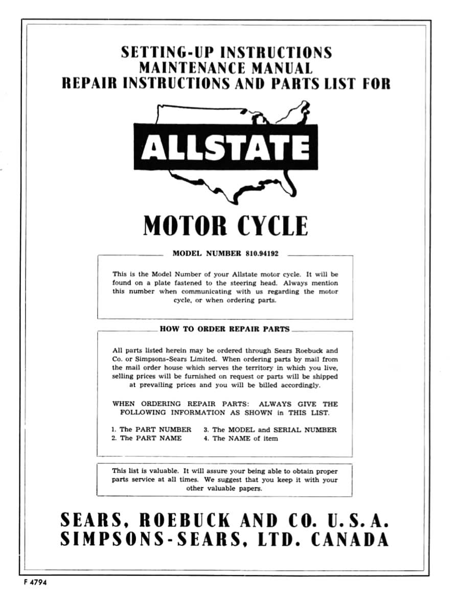 Allstate 150 Setting-Up, Maintenance, Repair and Parts List Manual