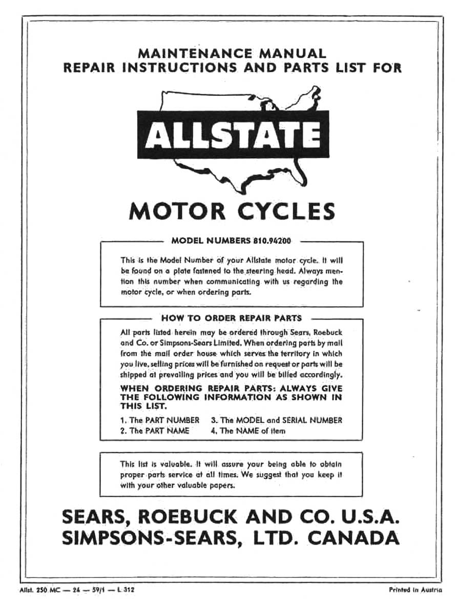 Allstate Scrambler 250 Maintenance, Repair and Parts List Manual