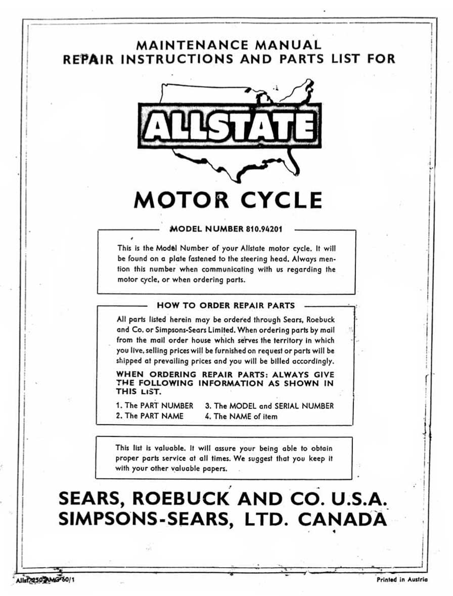 Allstate Scrambler 250 Maintenance, Repair and Parts List Manual