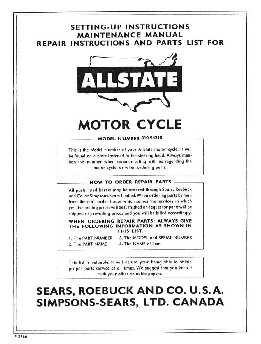 Allstate De Luxe Setting-Up, Maintenance, Repair and Parts List Manual