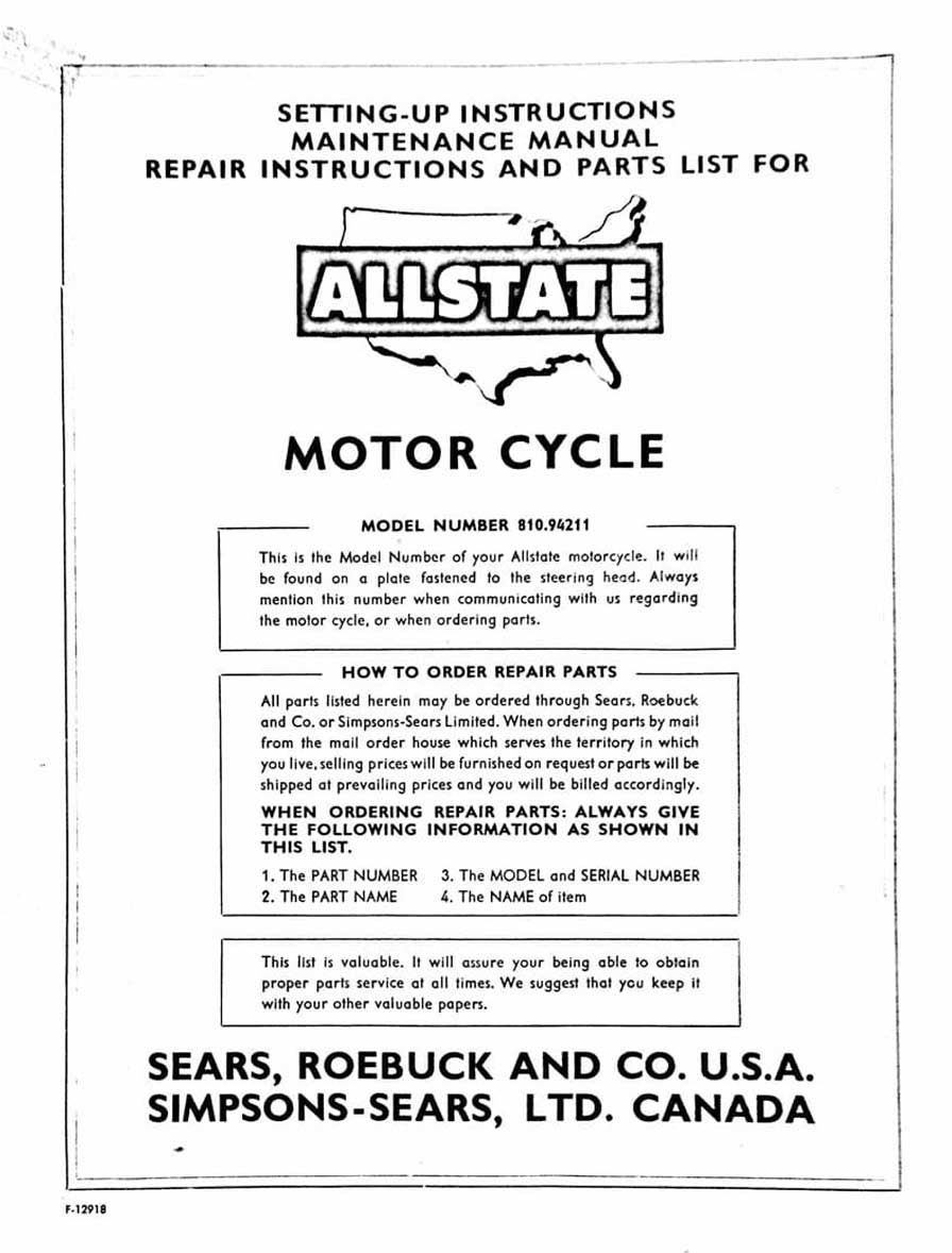 Sears SR175 Setting-Up, Maintenance, Repair and Parts List Manual