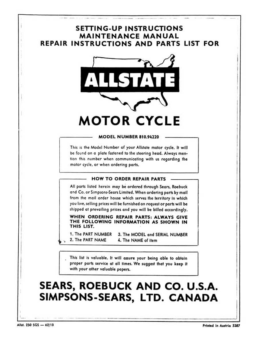 Sears SR250 Setting-Up, Maintenance, Repair and Parts List Manual