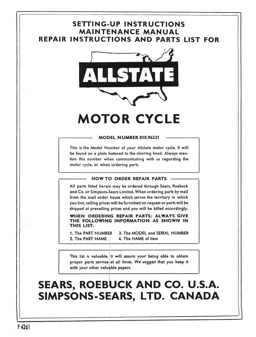 Sears SR250 Setting-Up, Maintenance, Repair and Parts List Manual