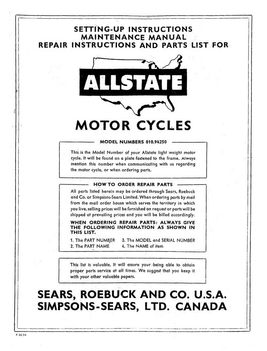 Allstate Mo-Ped De Luxe Setting-Up, Maintenance, Repair and Parts List Manual