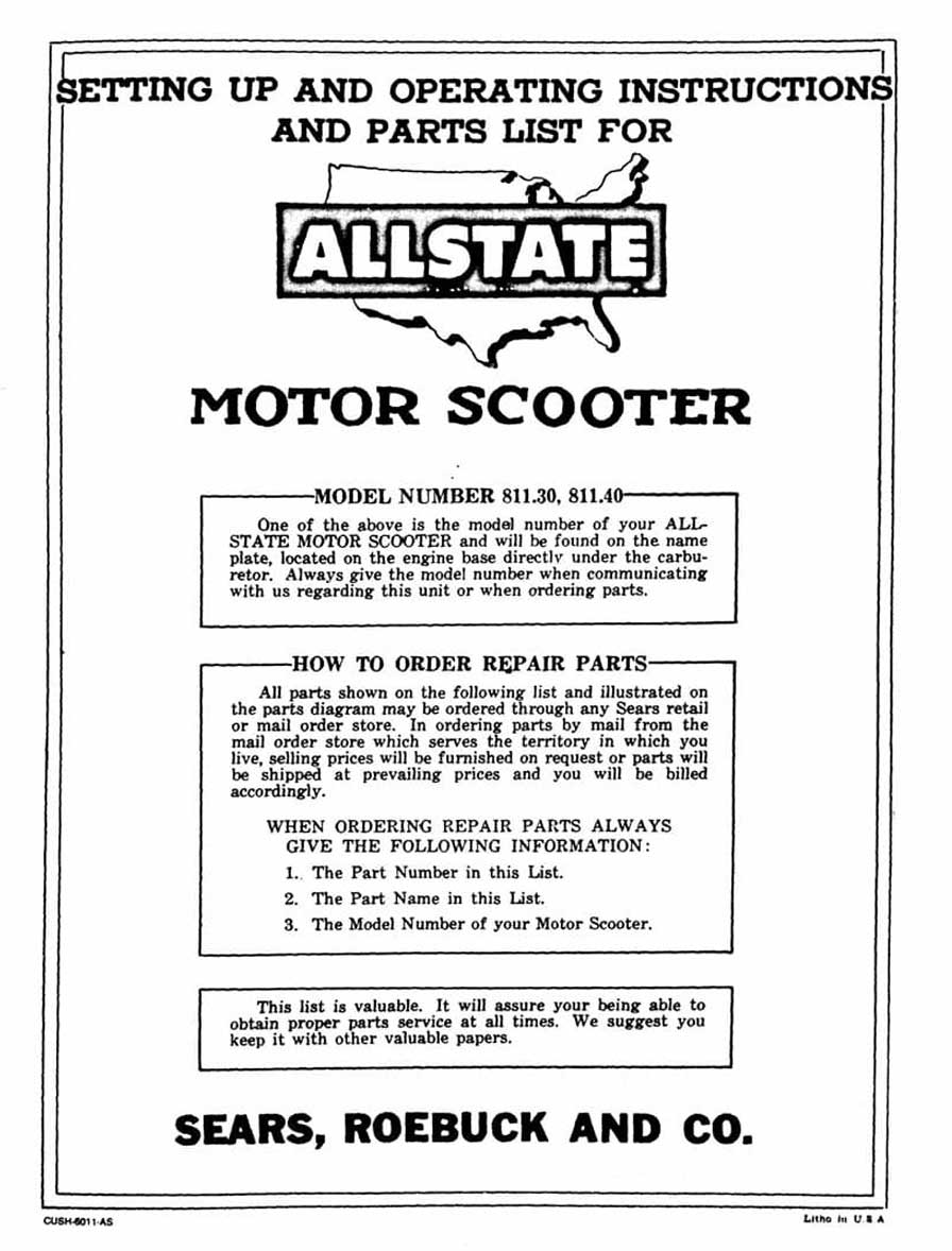 Allstate Cushman Setting Up and Operating Instructions and Parts List Manual