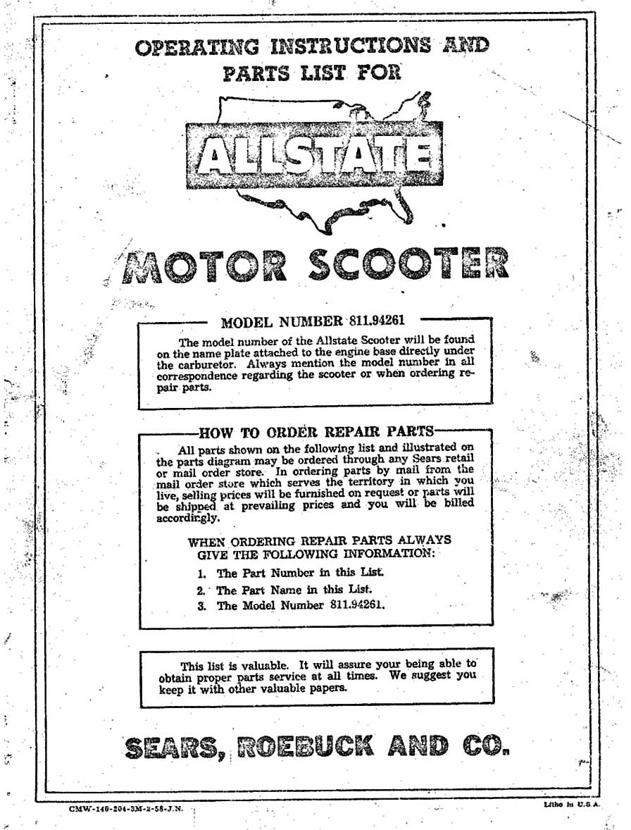 Allstate Cushman Operating Instructions and Parts List