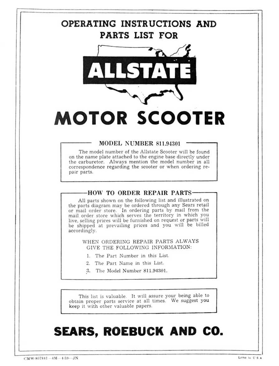 Allstate Cushman Operating Instructions and Parts List Manual