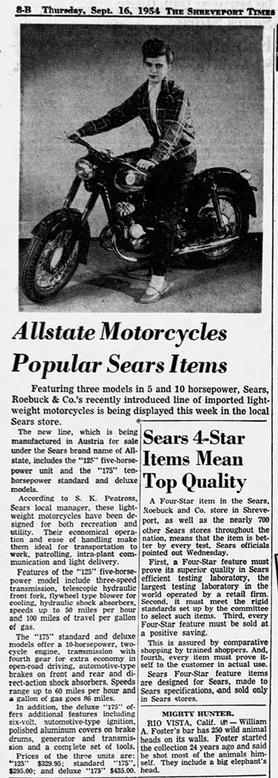 Allstate Motorcycles Popular Sears Items
